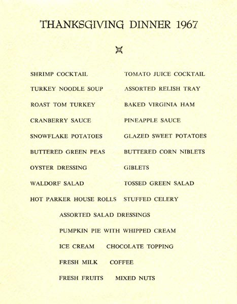 アメリカ海軍艦艇の士官室での感謝祭のメニュー　1967年